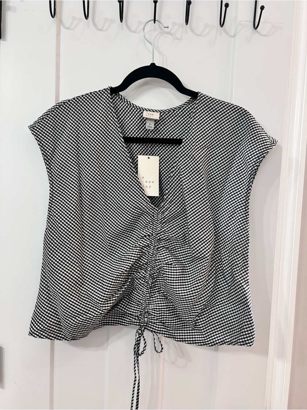 a new day Black & White Gingham Ruched V-Neck Blouse